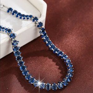 Mens 2ct Blue Sapphire 14K White Gold Oval Gemstone Tennis Bracelet Silver 2 ct